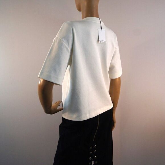 Zara Oversized T-Shirt Size Small Off White Shoulder Pads Short Sleeve Cropped - Picture 2 of 10